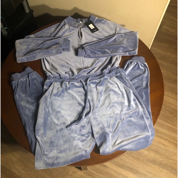 NWT Fashion Nova Destination Super Soft Velour Jumpsuit - Light Blue 1XL - Picture 2 of 6